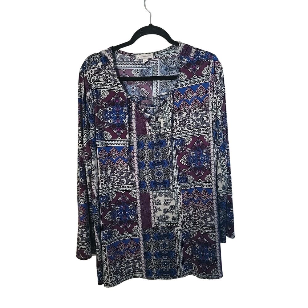 CB Established 1962 Purple Mandala V-Neck Patchwork Long Sleeve Top Womans Sz 3X